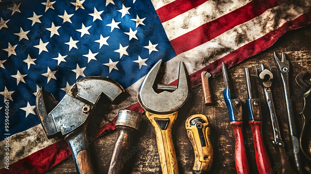 Poster tools arranged on a weathered surface with an american flag backdrop.