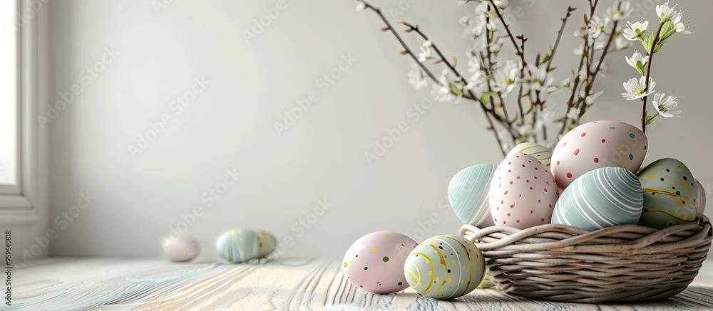 Poster basket filled with lovely easter eggs on a light background. copy space image. place for adding text