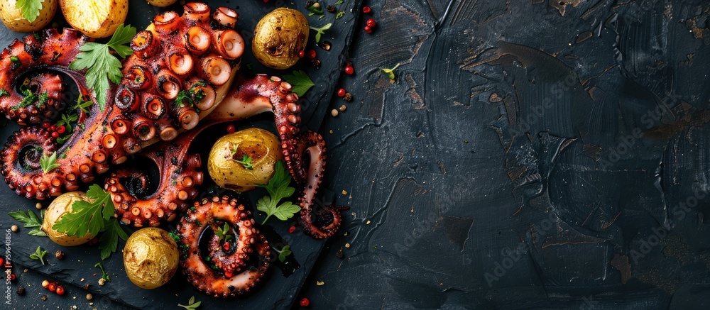Poster grilled octopus with small potatoes seasoned with herbs and spices top view with room for your text.