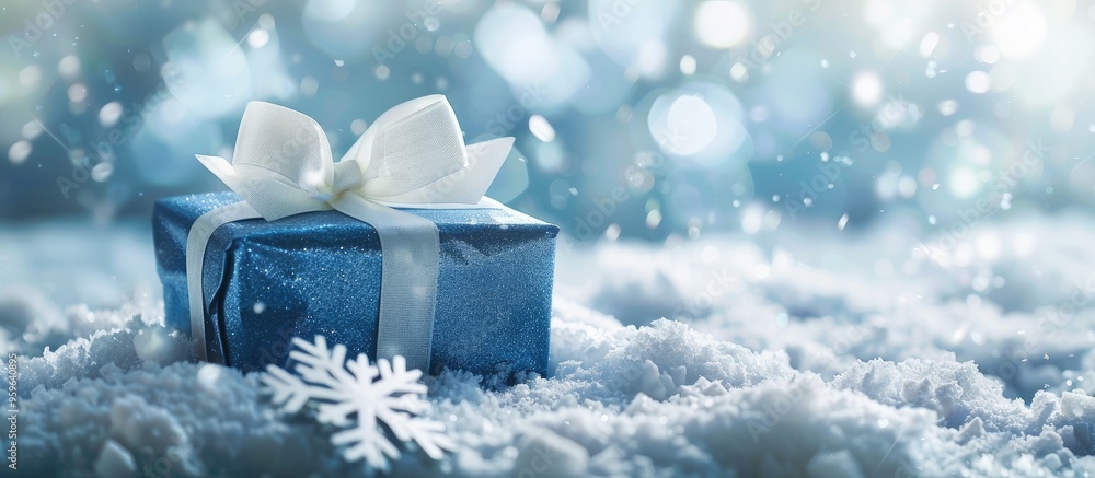 Poster blue gift wrapped in a white bow set on snow with a snowflake backdrop festive present. copy space i