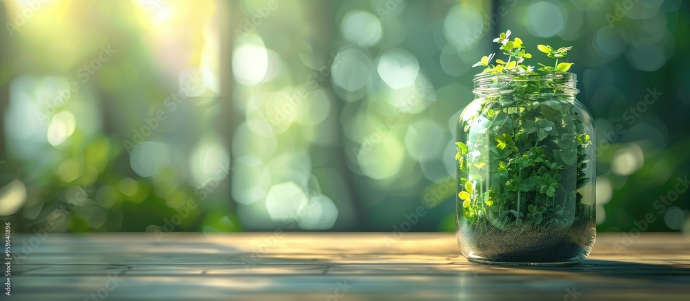 Poster blurred abstract background featuring remarkable green plants in a jar with a self sustaining ecosys
