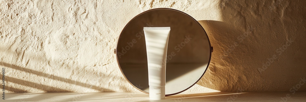 Leinwandbilder a tube of cream stands upright on a surface, mirrored perfectly in a round mirror, capturing gentle 