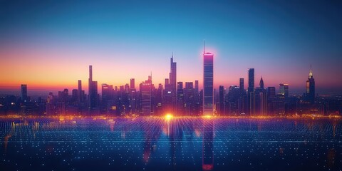 Stunning skyline at sunset, showcasing vibrant colors and modern architecture reflecting on water for a captivating urban scene.