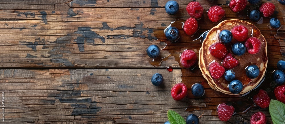Poster pancakes topped with raspberries blueberries and maple syrup placed on an oak wooden table. copy spa