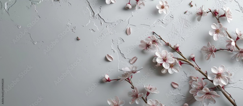 Wall mural Creative top view of cherry tree blooming flowers branch on a gray background with copy space in a minimal style template for lettering text or your design Spring bloom