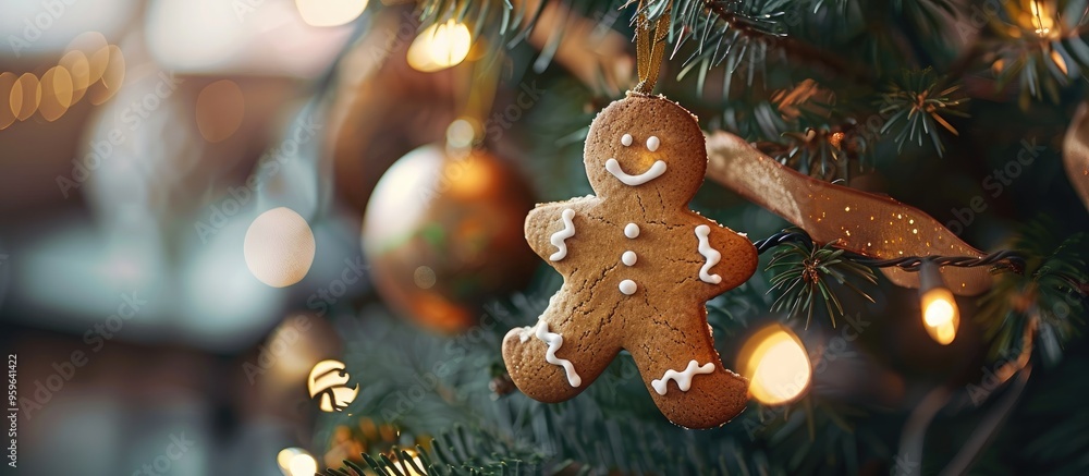 Poster closeup view of gingerbread on a christmas tree. copy space image. place for adding text and design