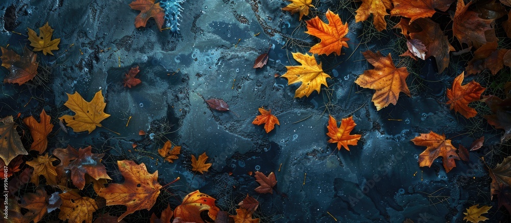 Poster fall at your feet a point of view study of autumn leaves on the ground. copy space image. place for 