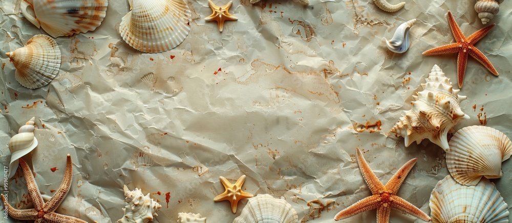 Poster flat lay travel featuring an attractive arrangement of various small shells and starfish on a textur