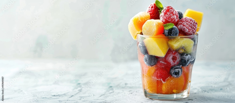 Poster glass of frozen tropical fruits for making a healthy smoothie. copy space image. place for adding te