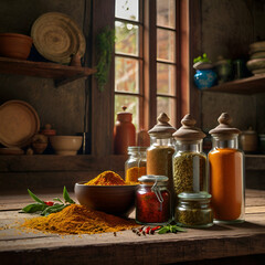 dry spices in vintage glass bottles, ingredients for cooking, Healthy cocking, clean eating, zero waste concept