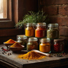Jars with different spices on shelf in kitchen, Cooking ingredients, colorful variety of spices, herbs and other ingredients