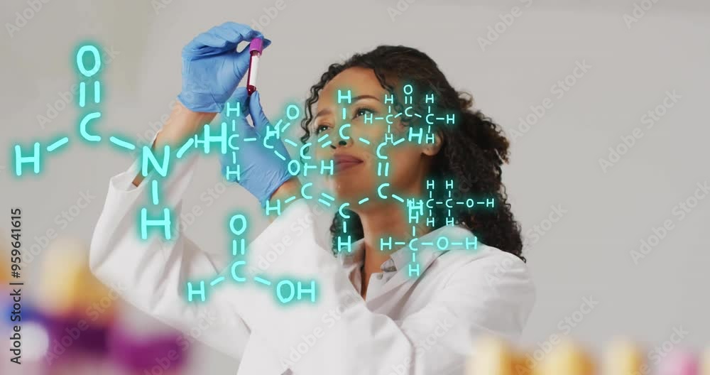 Poster scientist examining sample with molecular structure animation overlaid