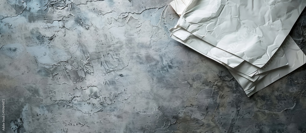 Poster punched pockets with paper sheets on a grey table top view area for text. copy space image. place fo