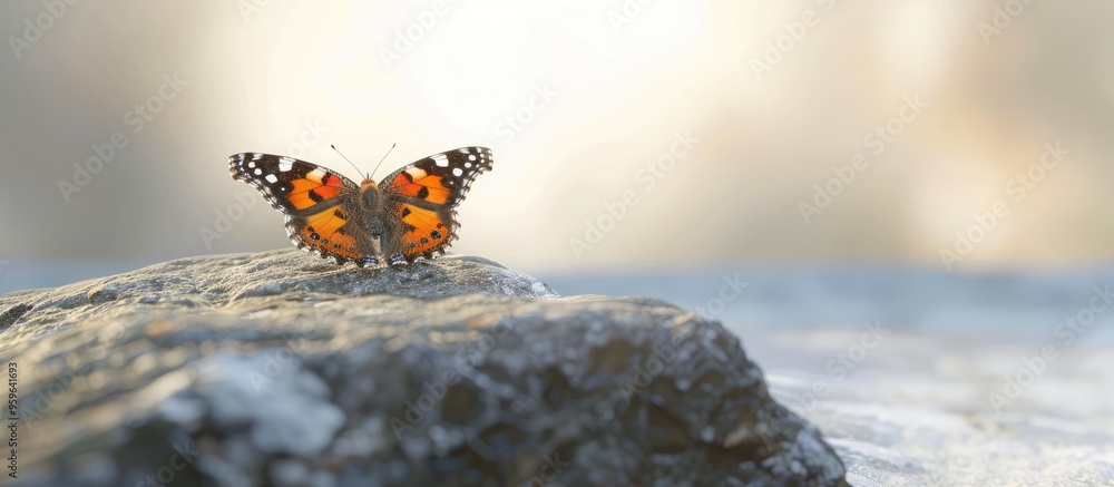 Poster the painted lady butterfly resting on a stone. copy space image. place for adding text and design