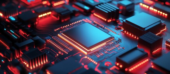 Close-up of Modern Microchip on Circuit Board with Glowing Red and Blue Lights