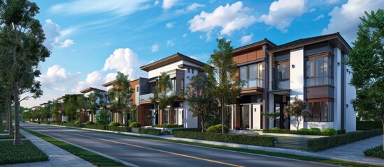 Fototapeta premium A row of newly completed modern houses under a blue sky featuring architectural exterior design and providing copyspace The theme encompasses Sale Rent Housing and Real Estate