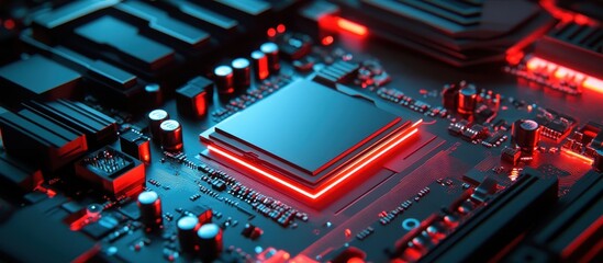 Obraz premium Close-up of Modern Computer Circuit Board with Glowing Red Lights and Microchip in Focus