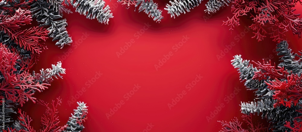 Poster red christmas template for design featuring a festive frame against a red background flat lay top vi