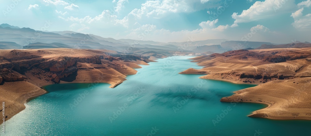 Poster aerial view of a turquoise lake bordering a dry desert on a sunny cloudy day. copy space image. plac