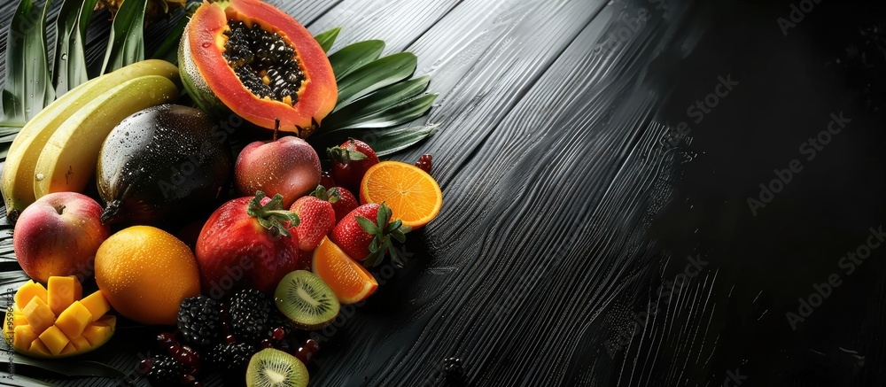 Poster tropical fruits in a white package on a black wooden surface. copy space image. place for adding tex
