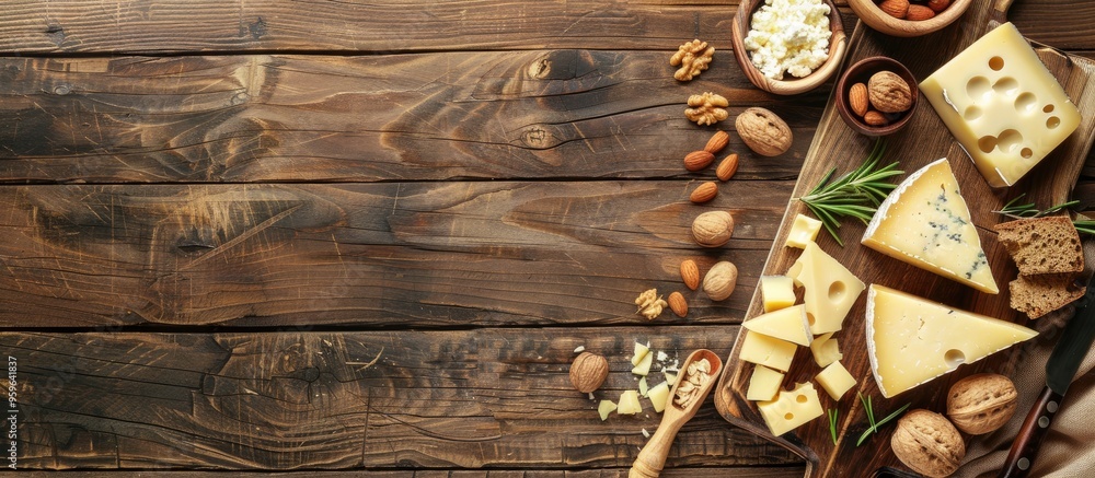 Poster A selection of cheese and nuts on a cutting board set against a wooden background. Copy space image. Place for adding text and design