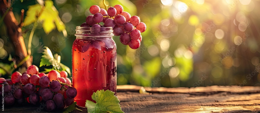 Poster cool grape juice in a glass jar on aged wood with a tree backdrop fresh beverage and health theme. c