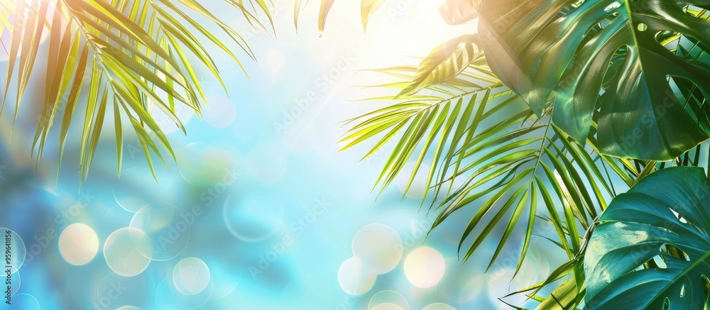 Wall mural background of natural green palm leaves on a tropical beach with bokeh sunlight against a blue sky c