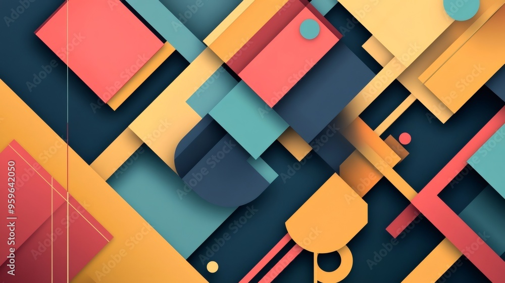 Aufkleber abstract geometric design with colorful squares and circles on a dark background.