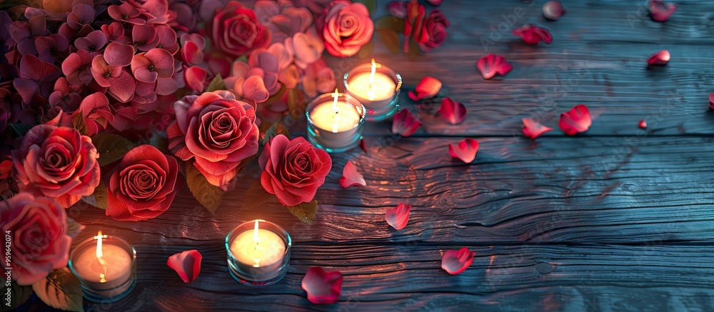 Poster red hydrangea blooms and pink roses with illuminated candles on a rustic wooden surface. copy space 