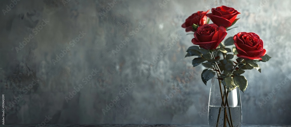 Poster red roses in a vase against a grey backdrop. copy space image. place for adding text and design