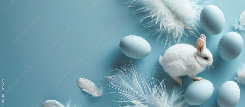 Poster blue toned easter background featuring eggs a bunny and feathers flat lay arrangement. copy space im
