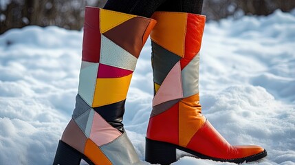 Vibrant Patchwork Knee-High Boots: A Stunning Fusion of Art and Functionality for Winter Fashion – Perfect as a Bold Poster for Stylish Interiors!