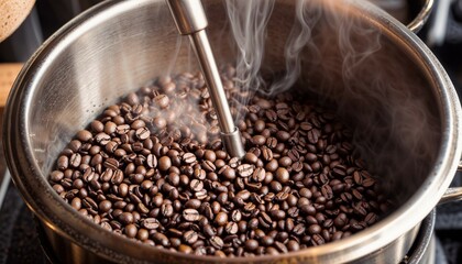 A close-up of coffee beans being stirred in a steaming pot, with the steam creating a dreamy, atmospheric effect