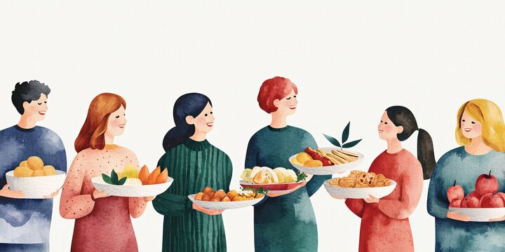 watercolor illustration of diverse group of people sharing food together.