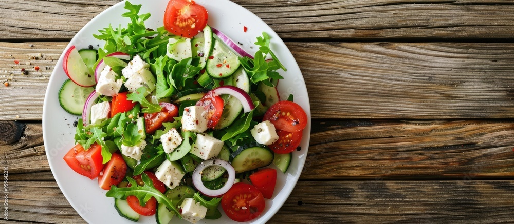 Poster shopska salad on a white plate against a wooden background close up. copy space image. place for add