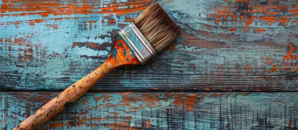 Aufkleber worn paint brush on a wooden surface. copy space image. place for adding text and design