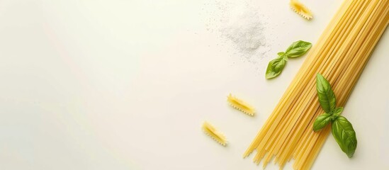 Raw cooking ingredients Italian spaghetti pasta paired with basil salt and olive oil Top view flat lay Copy space Square image