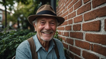 Elderly Caucasian man with gray beard wearing brown hat and blue shirt, smiling in front of brick wall