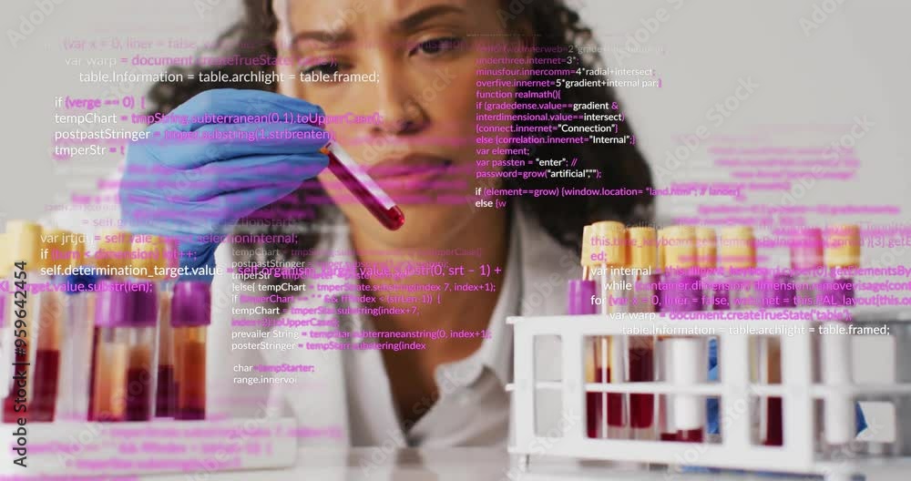 Poster holding test tube, scientist analyzing blood sample over programming code animation