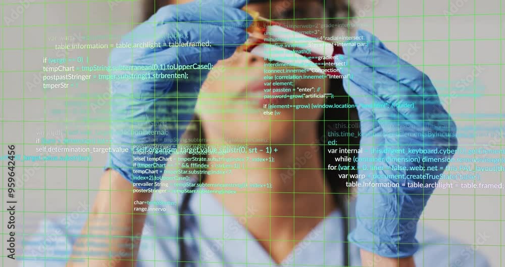 Poster analyzing blood sample, scientist with blue gloves over programming code animation
