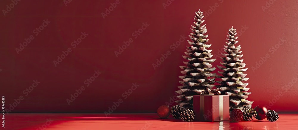 Poster christmas presents red backdrop cones greeting card. copy space image. place for adding text and des