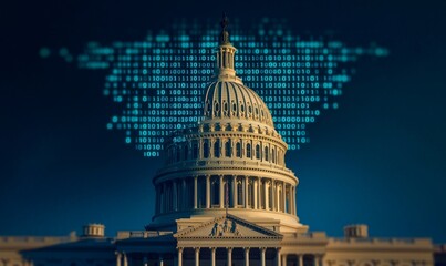 united states capitol building with binary code and data analysis overlay - symbolic representation of modern government and technology.