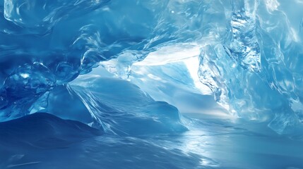 Blue ice cave interior with light shining through the opening.