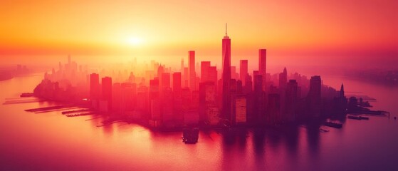 Fototapeta premium Silhouetted Manhattan Skyline at Sunrise with a Pink and Orange Sky