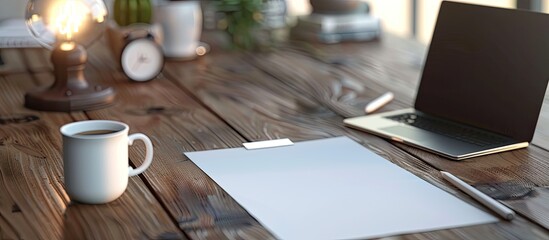 Business desk featuring a smartphone paper coffee cup and pencil on a wooden table with overhead lighting. Copy space image. Place for adding text and design