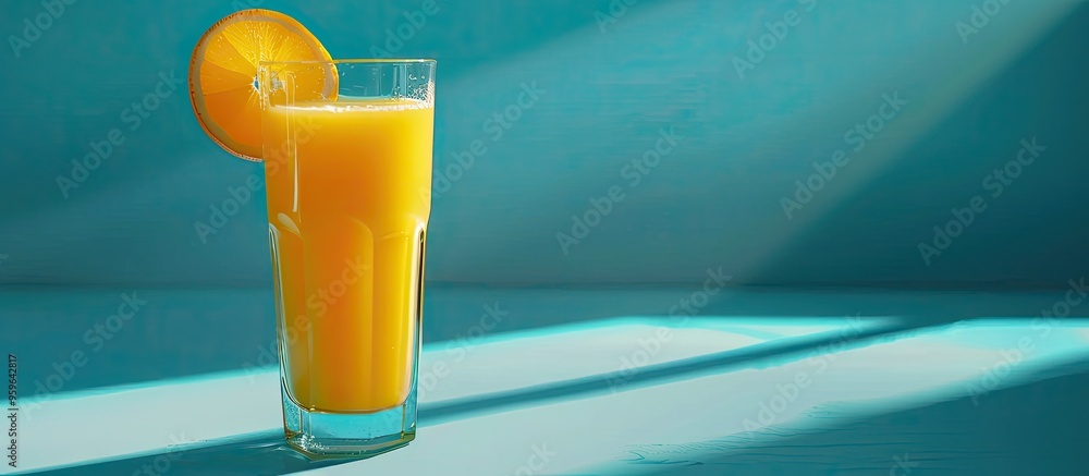 Wall mural Glass of orange juice on a turquoise background Healthy eating concept. Copy space image. Place for adding text and design