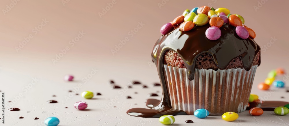 Sticker Muffin topped with chocolate glaze and smarties. Copy space image. Place for adding text and design