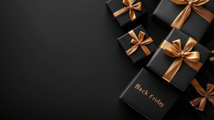 Black gift boxes with gold ribbon on black background.Top view.Black Friday big sale concept.