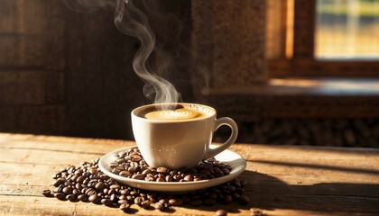 Morning Sunlight Pouring Over a Cup of Freshly Brewed Coffee