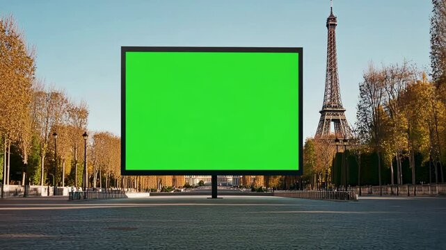 A large green-screen billboard stands in a Parisian park with the Eiffel Tower in the background, perfect for holiday advertising or travel concepts